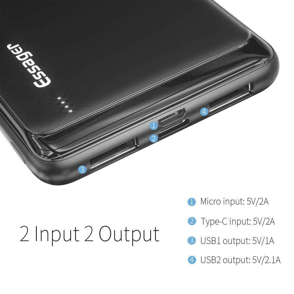Essager black or white 10000mAh power bank showing dual USB ports and LED indicators