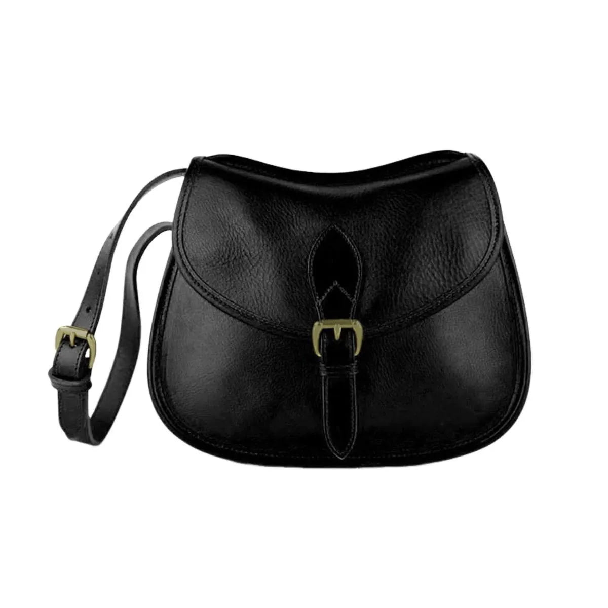 Genuine leather messenger bag with shell shape and sewing line detail in brown