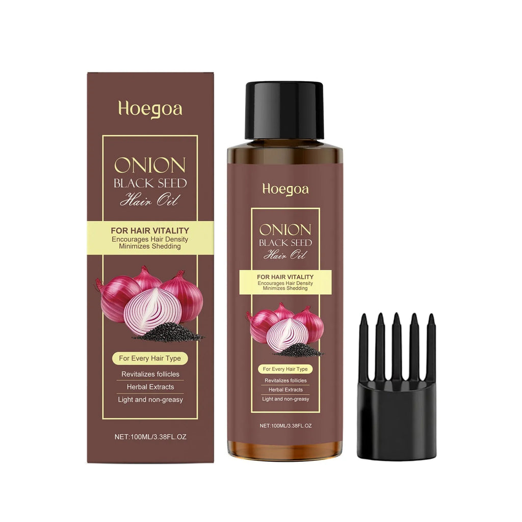 100ml bottle of hair care essential oil with included accessories on a white background