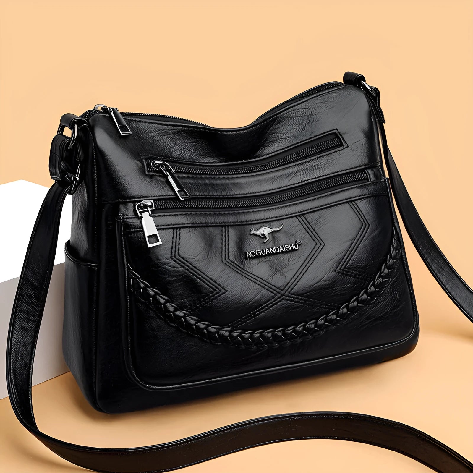 Soft PU leather shoulder bag with sandwich pocket and horizontal square design