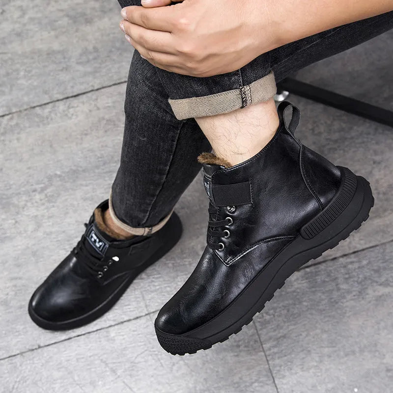 Black and brown men's high-top Martin platform boots with artificial PU upper and rubber sole