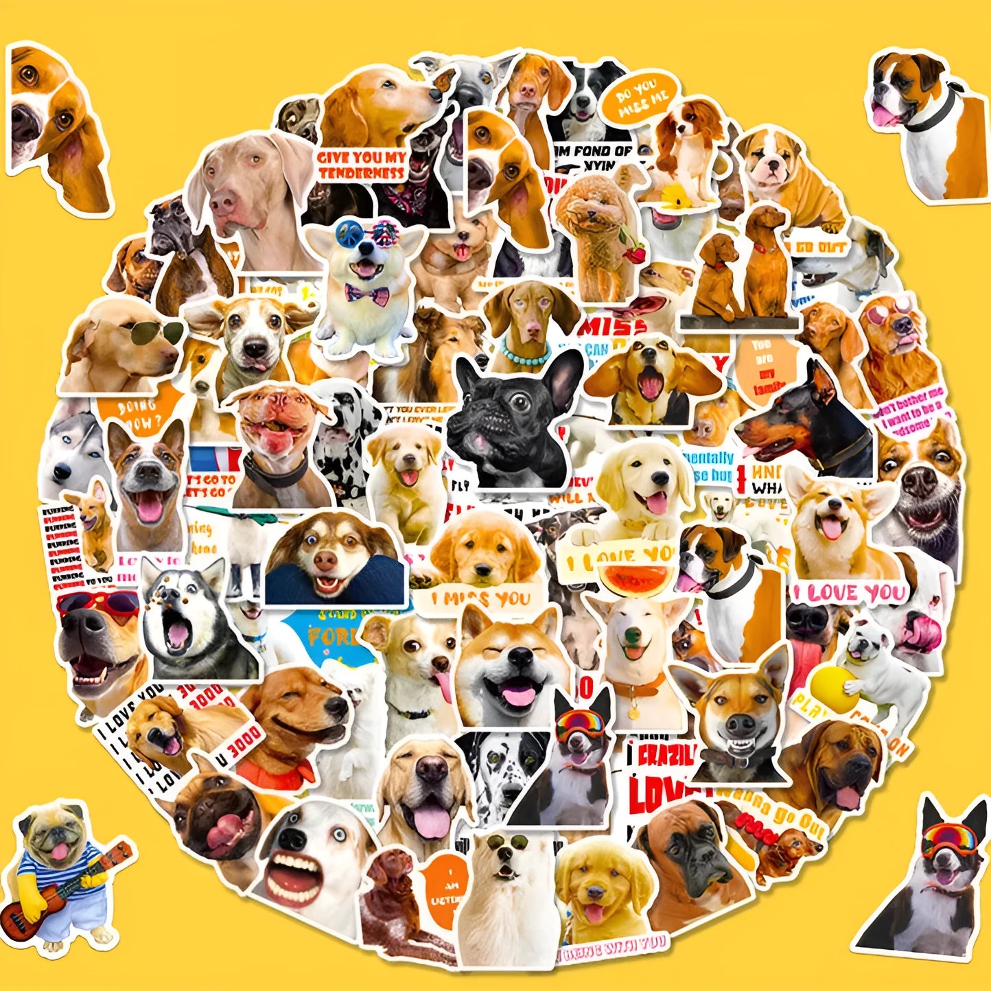 Pack of 100 realistic dog face expression stickers in Nordic style design