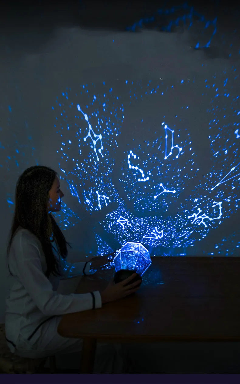 Circular LED rotating stars night light projecting coloured star patterns on wall