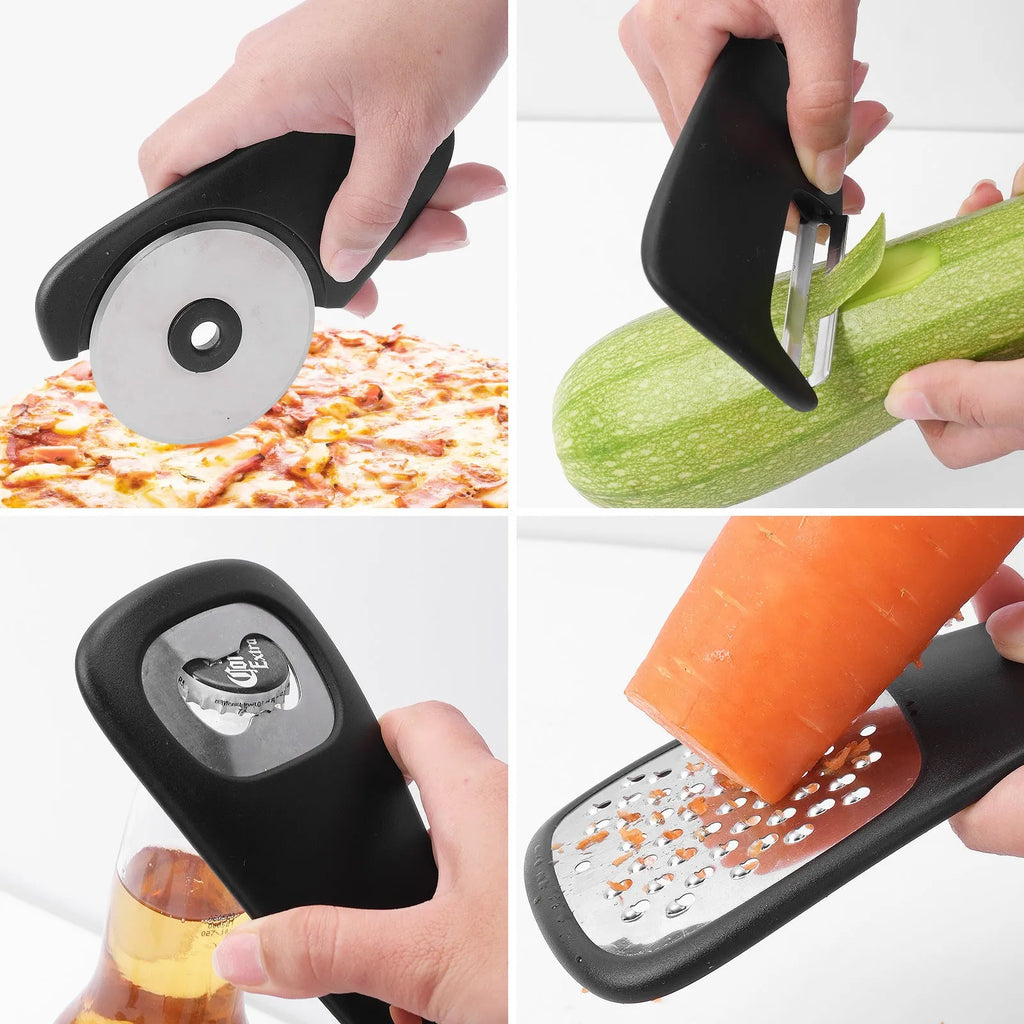 Six stacking kitchen gadgets with stainless steel heads and PP handles stored in a colour box with a brush