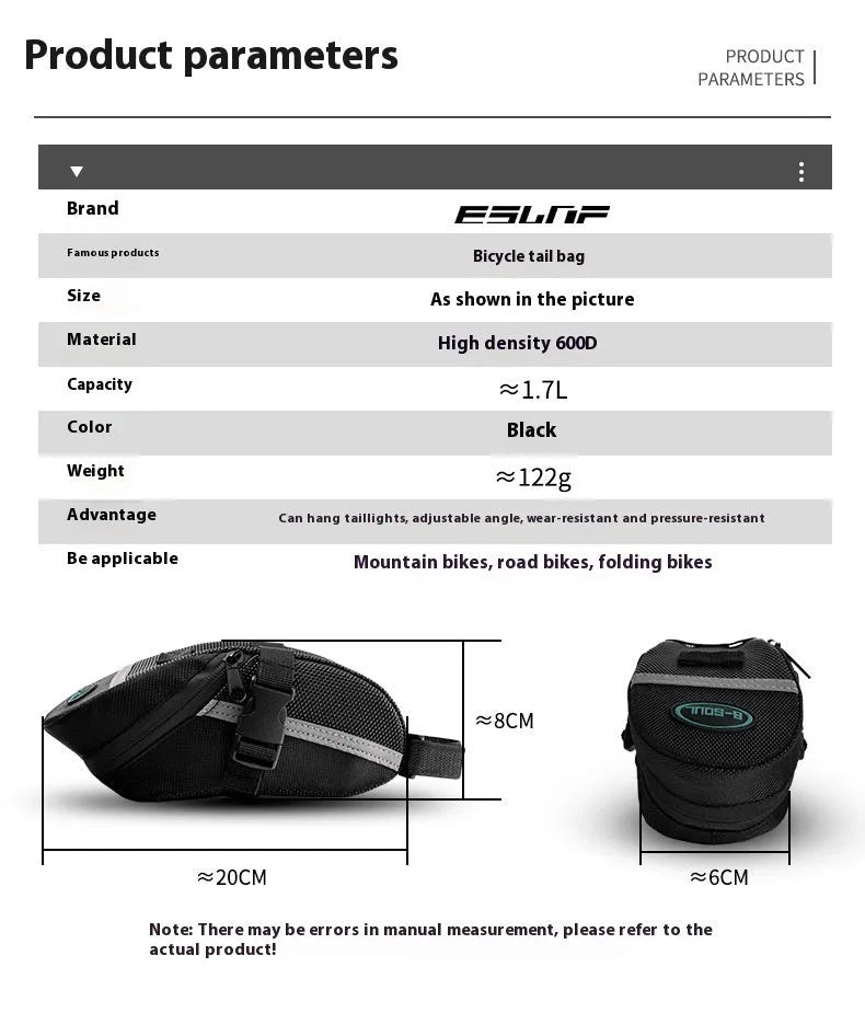Black polyester quick-release mountain bike tail bag attached to a bicycle saddle, free size with padded interior