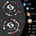 Natural stone beaded bracelets showing twelve different zodiac sign designs including Aries, Taurus, Gemini and other star signs