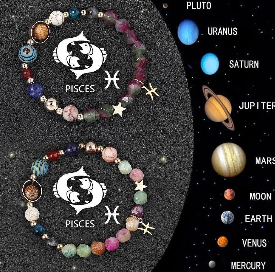 Natural stone beaded bracelets showing twelve different zodiac sign designs including Aries, Taurus, Gemini and other star signs