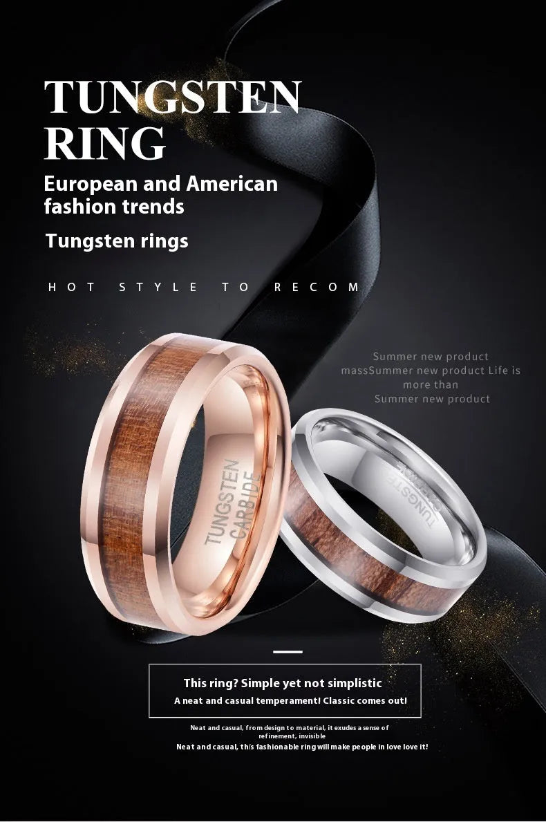 Ugyen tungsten men's ring with wood and leather design in 8mm rose gold or steel finish