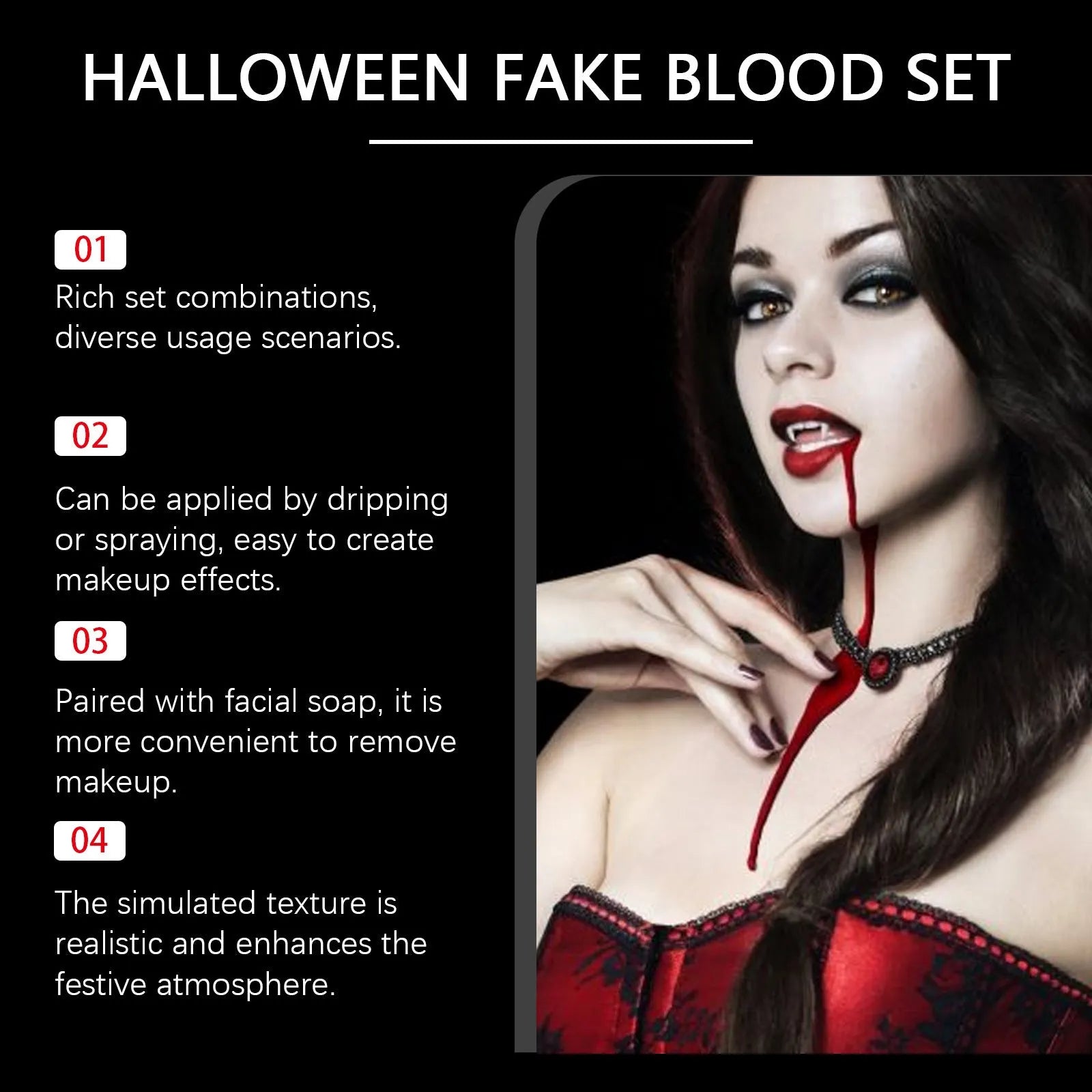 3-piece washable fake blood special effects makeup set with plasma drops, spray, and surface soap