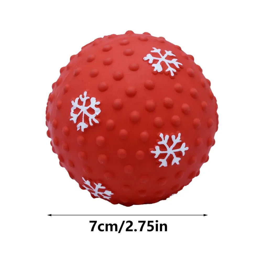 Red and green festive dog toy balls with snowflake patterns, 7cm diameter, with squeaker and air vents
