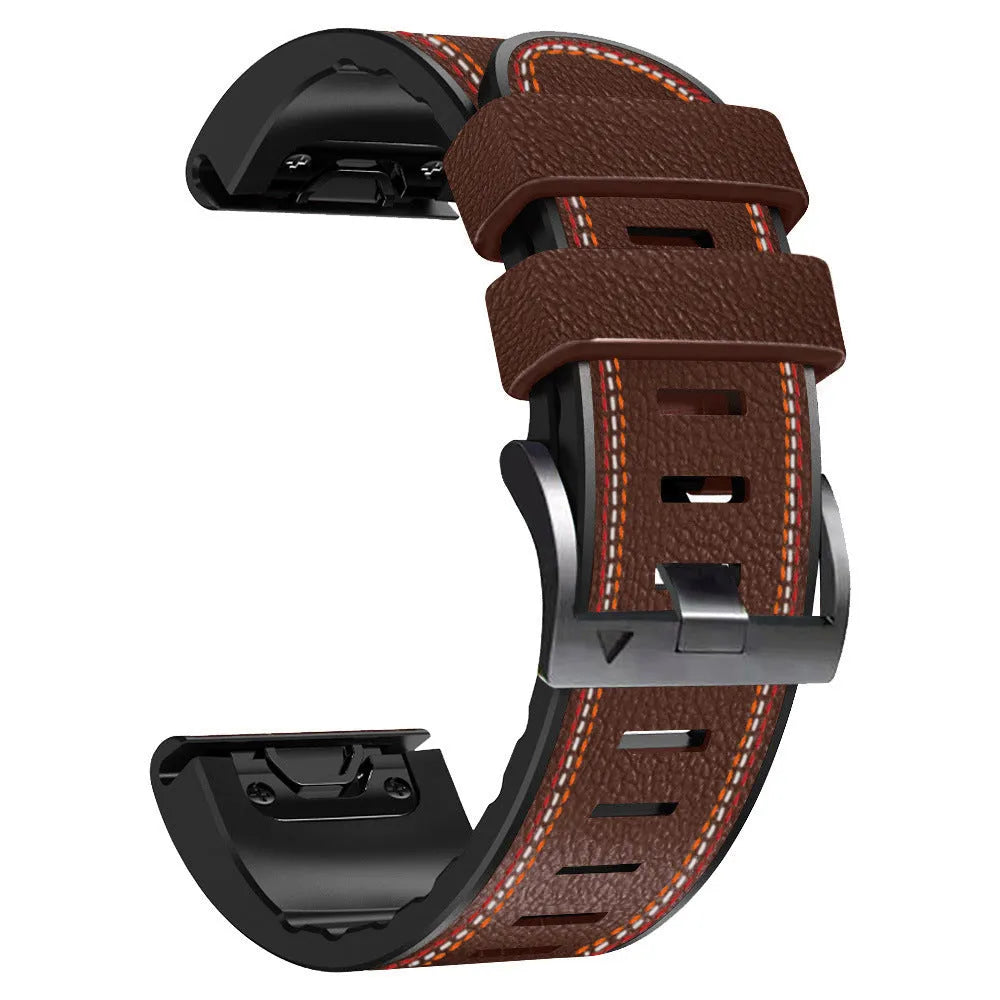 Silicone leather quick release watchband for Garmin Fenix smartwatch in black, shown alongside brown and white colour options.