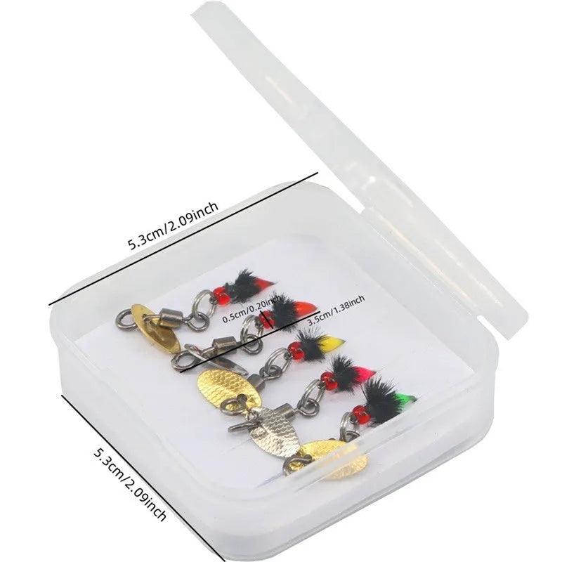 Five bionic fishing hooks with spinning sequins in multicolour mosquito and fly patterns