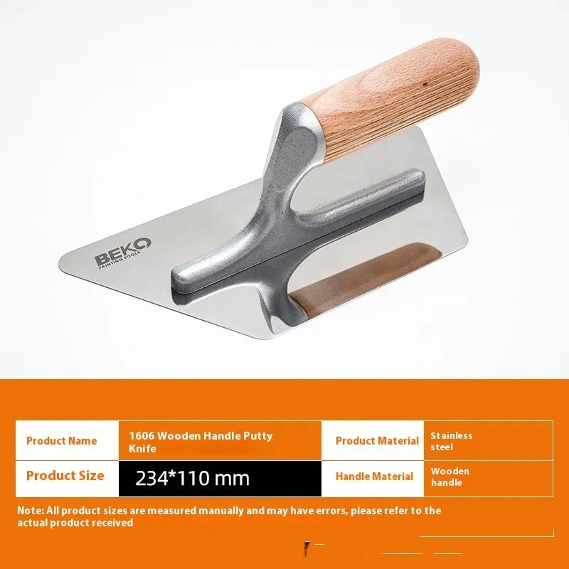 Stainless steel putty scraper with wooden handle in three different blade sizes for wall and floor repair.