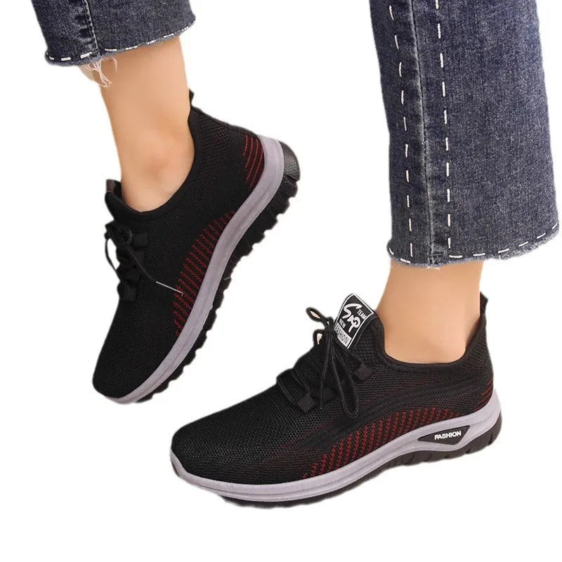 Women's mesh breathable plus size round toe sneakers with flat heel cross strap design in black gray purple
