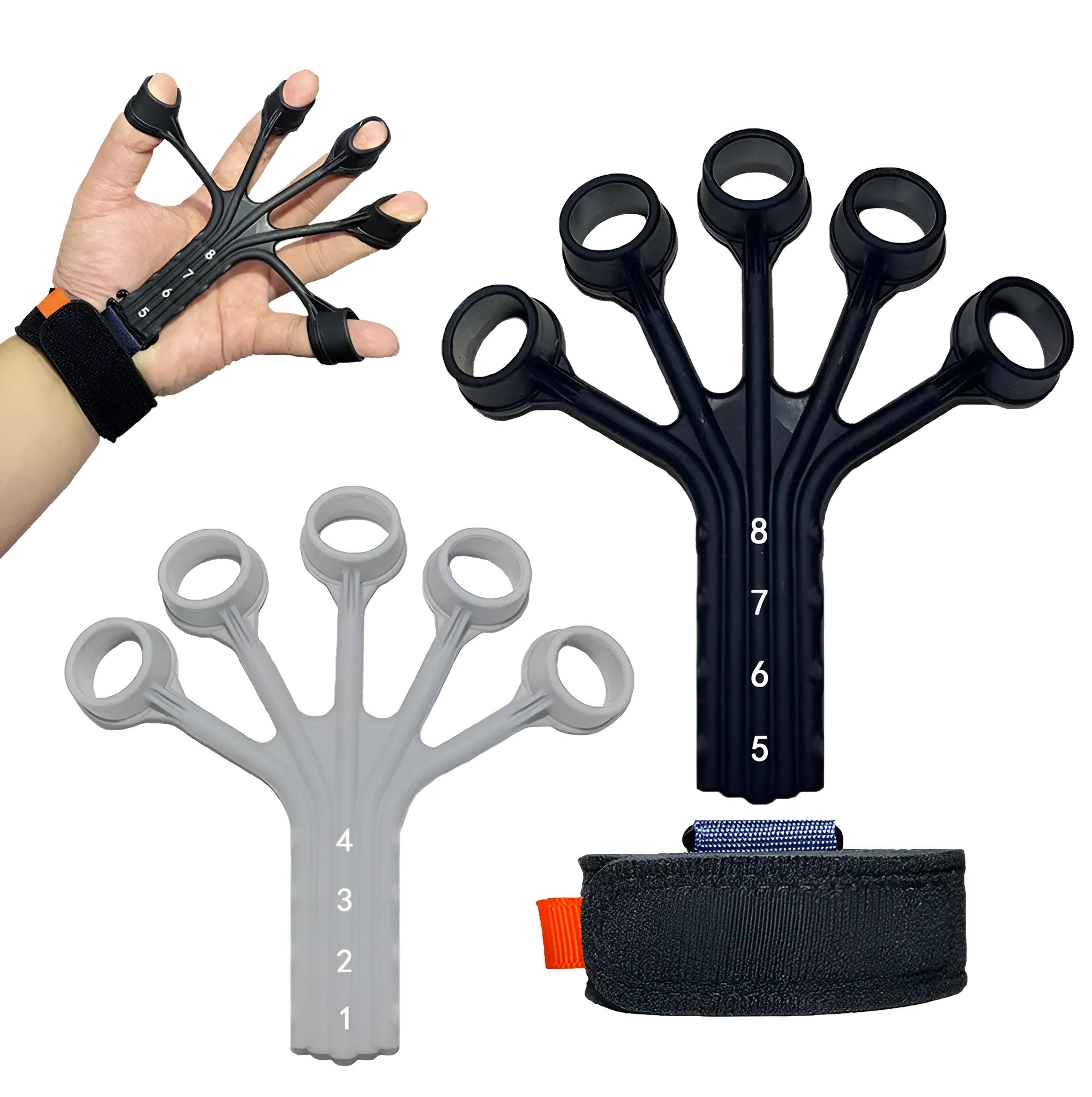 Black silicone finger flexion and extension trainer with adjustable belt for resistance training.