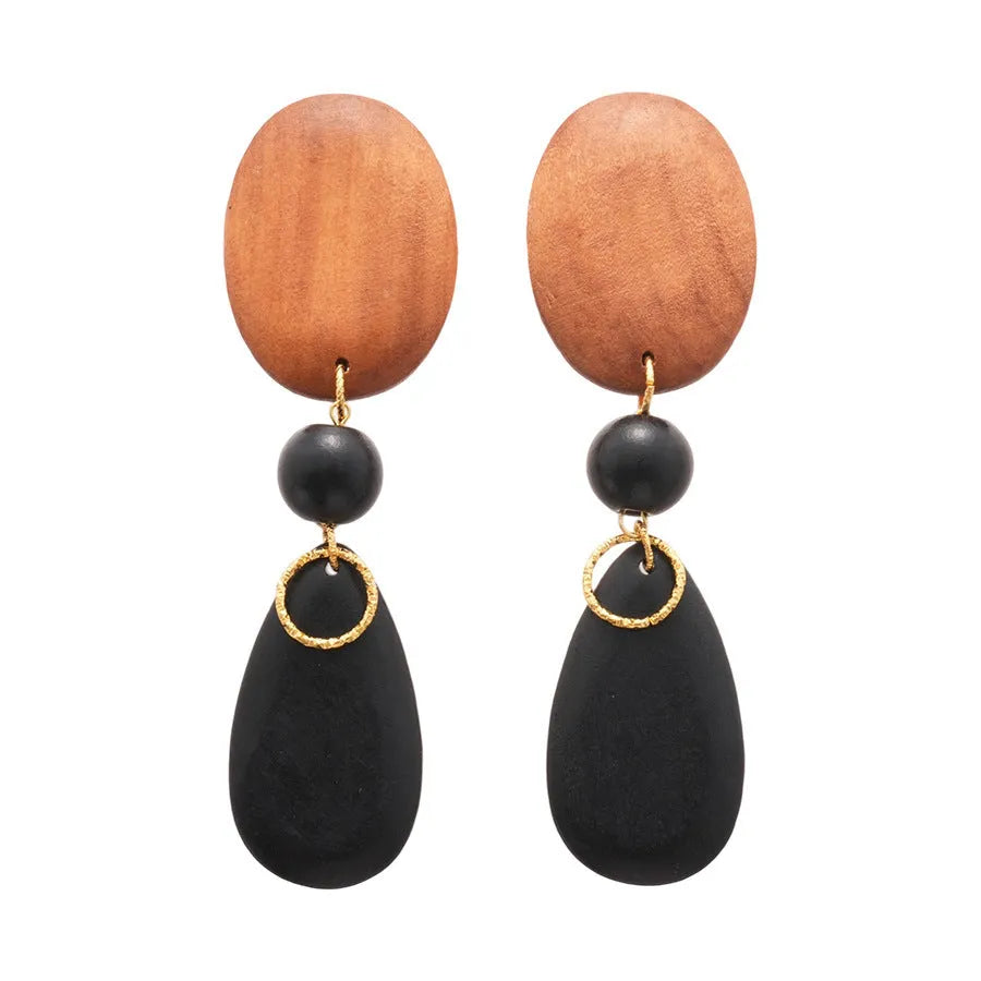 Handcrafted wooden retro earrings with elliptical design in silver brown black colours