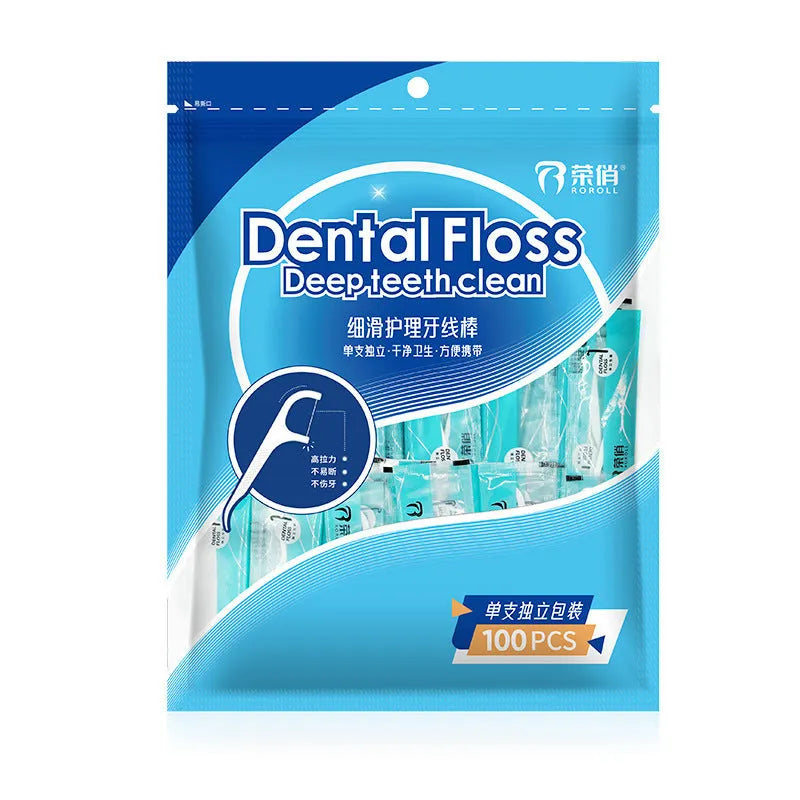 Individual single-pack dental floss pieces in plastic packaging bag for portable oral hygiene
