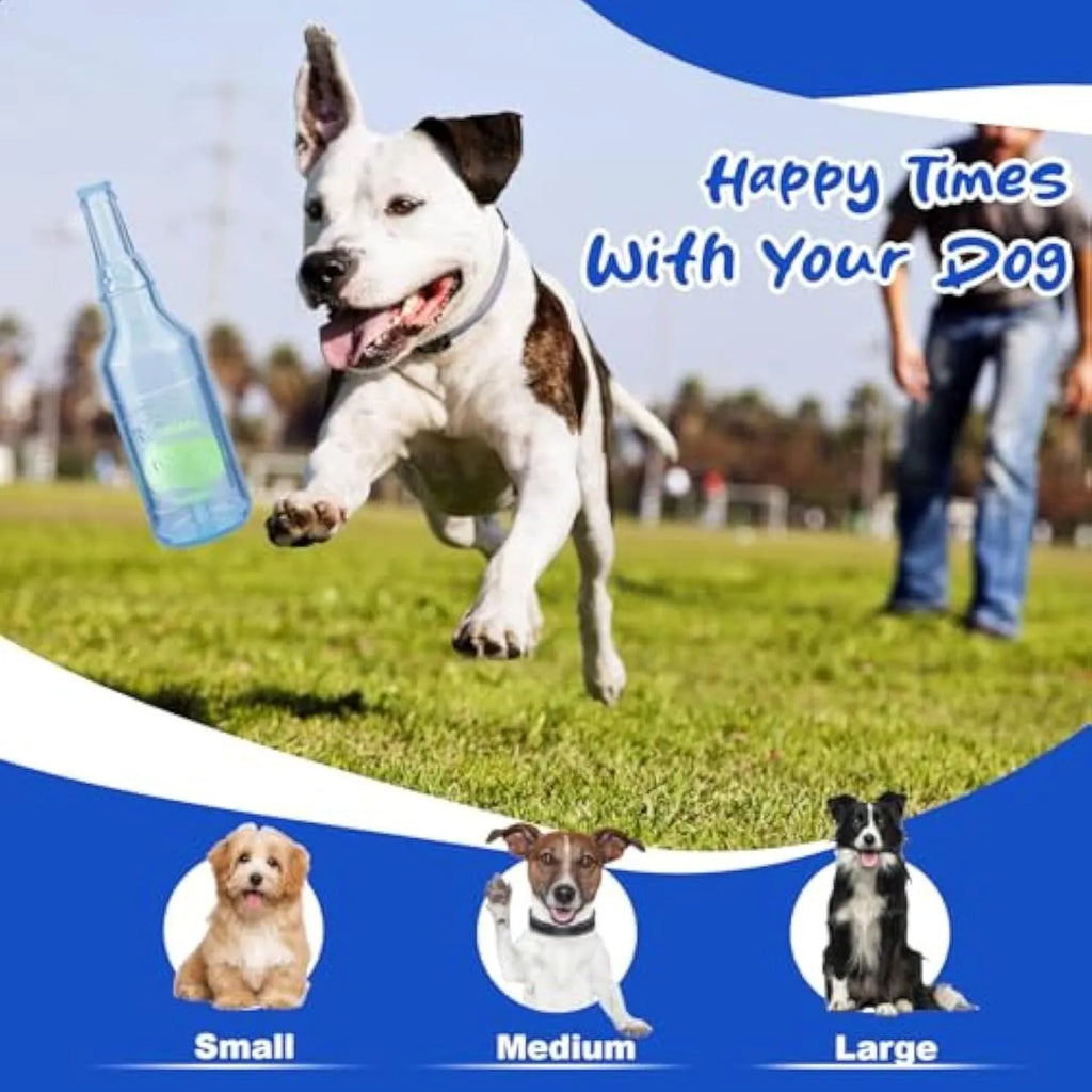 Blue water bottle dog toy with squeaker at tail and internal moving ball for aggressive chewers on white background