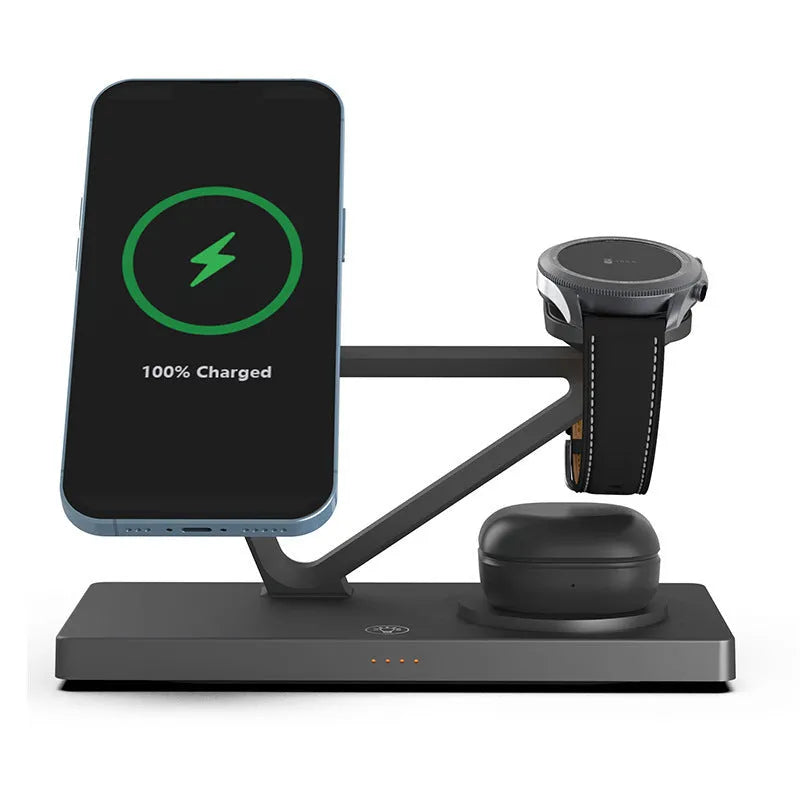 Black and white five-in-one wireless charging night lamp with magnetic phone bracket and circular base.