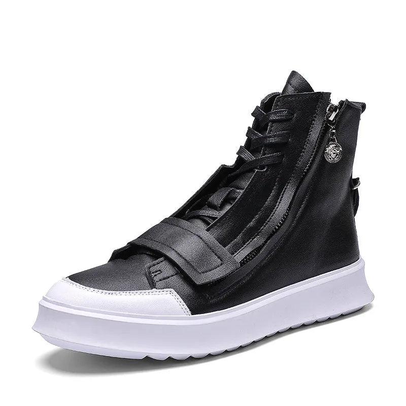Men's black and white PU leather winter ankle boots in high-top sneakers style with microfiber construction