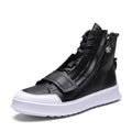 Men's black and white PU leather winter ankle boots in high-top sneakers style with microfiber construction
