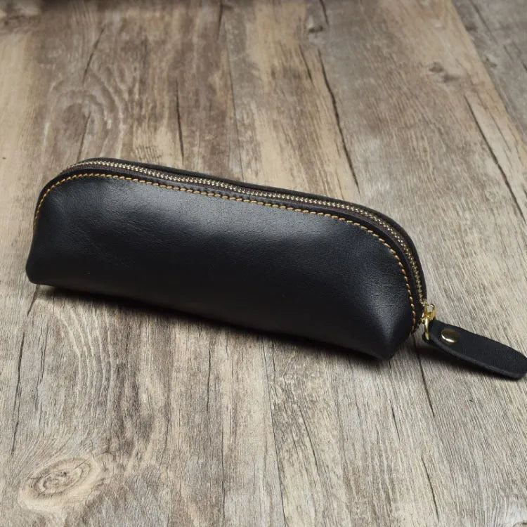 Genuine cowhide leather pencil case with zipper closure showing black colour option