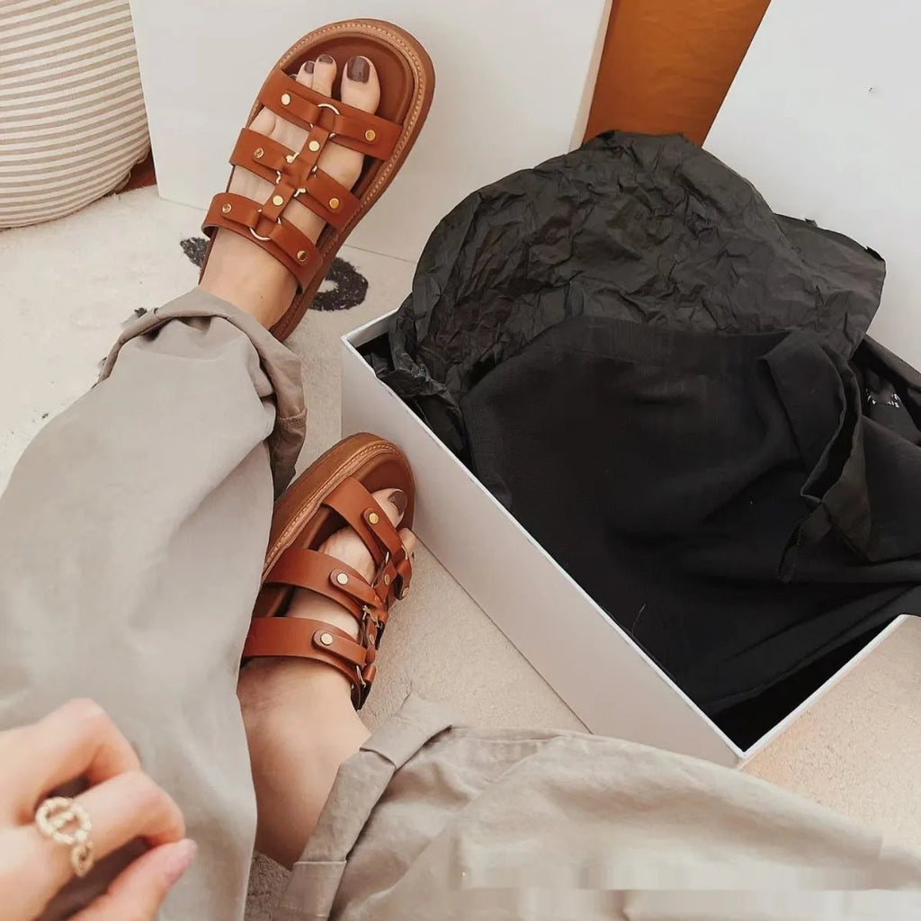 Women's retro Roman-style sandal slippers in sheepskin available white black brown sizes 35-42