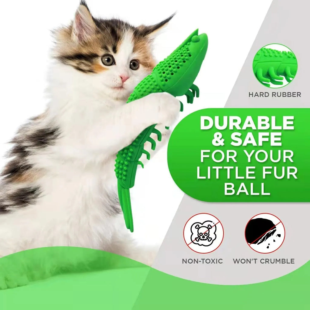 Blue hard rubber cat chew toy with a textured surface for teeth cleaning and interactive play.