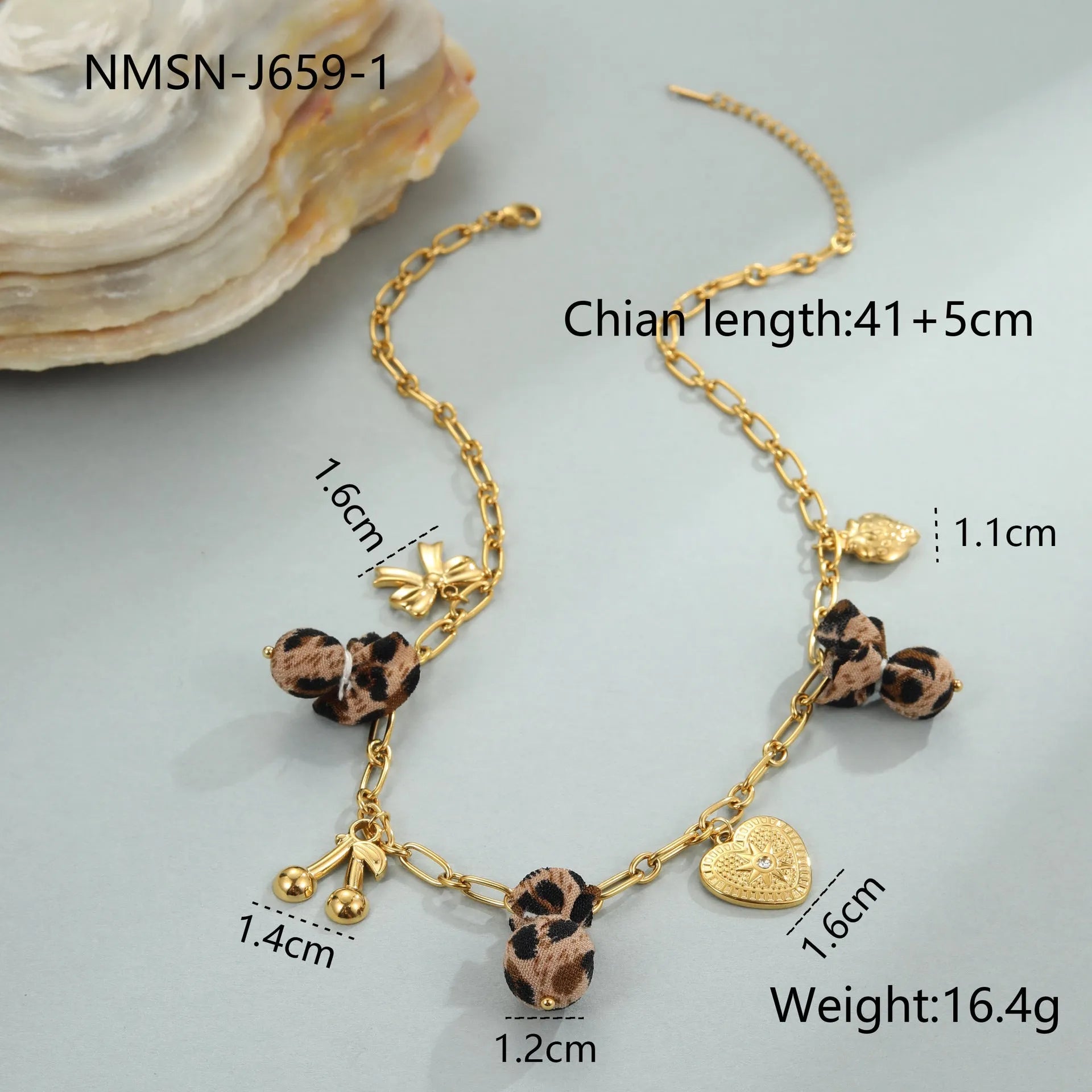 Geometric stainless steel necklace with leopard, heart and flower motifs on 18K electroplated pendant