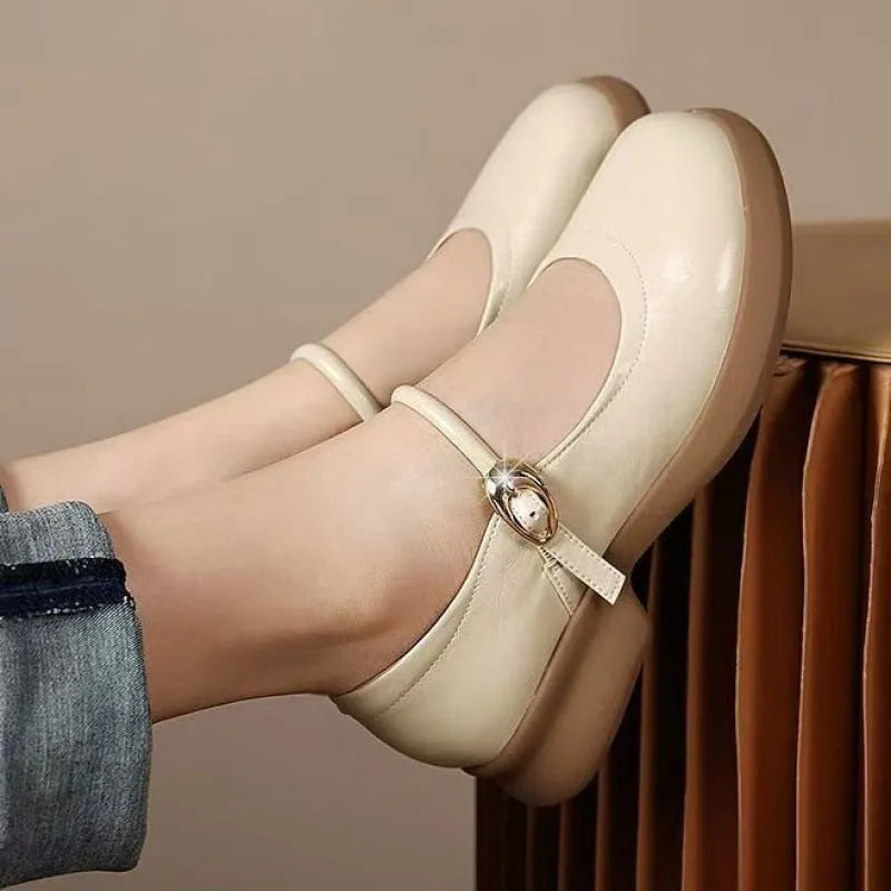 Flat fairy style leather shoes with skull pattern, wedge heel, round head, in beige black light brown