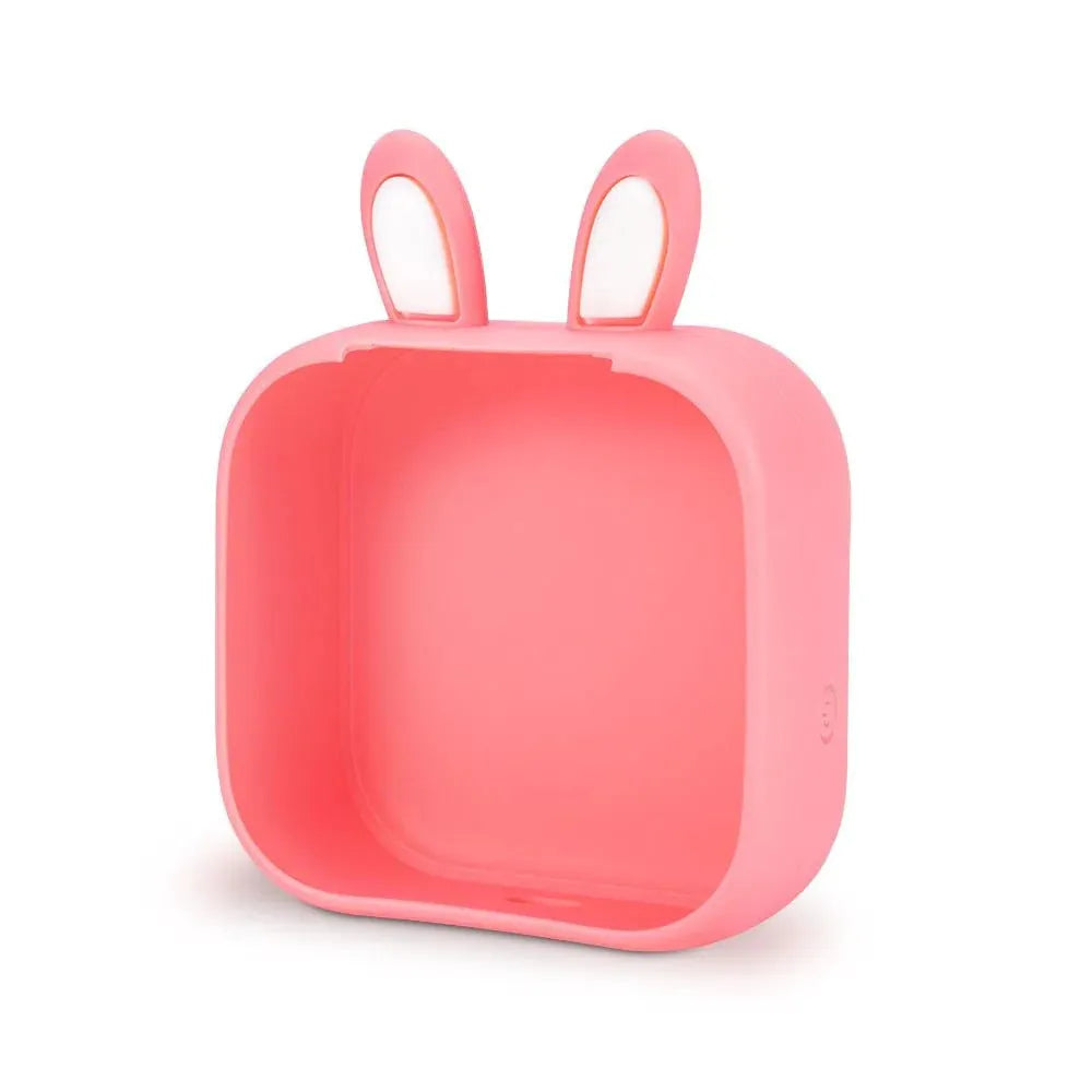 Mini pocket portable thermal printer with pink rabbit ear protective case on a desk