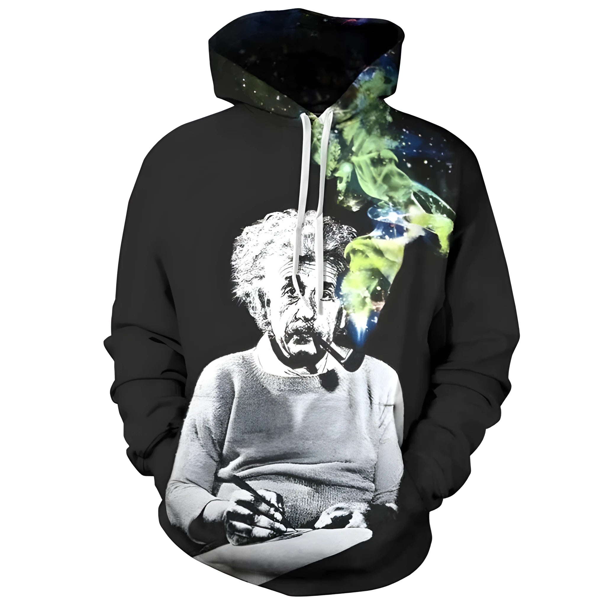 Genius Hoodie in black cotton-polyester blend, pullover style, front view.