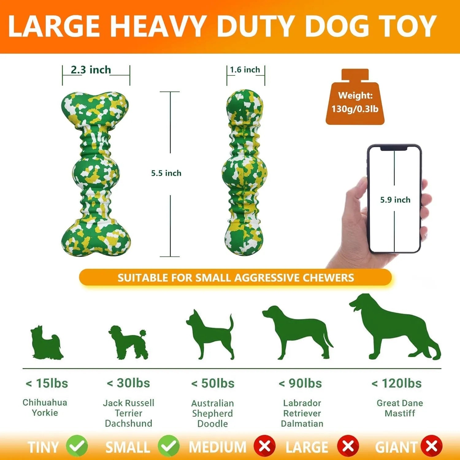 Natural rubber dog bone chew toy with camouflage pattern for medium and large breed dogs.