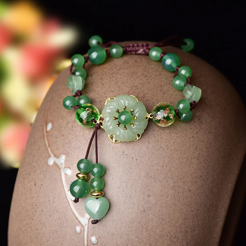 Women's Chinese style hand-woven bracelet in mixed materials with flower shape and auspicious patterns