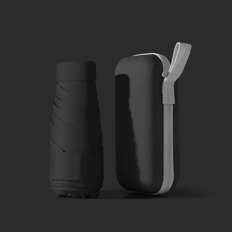 Compact six-fold umbrella in mint green with a capsule box, showing its folded size and rubber handle.
