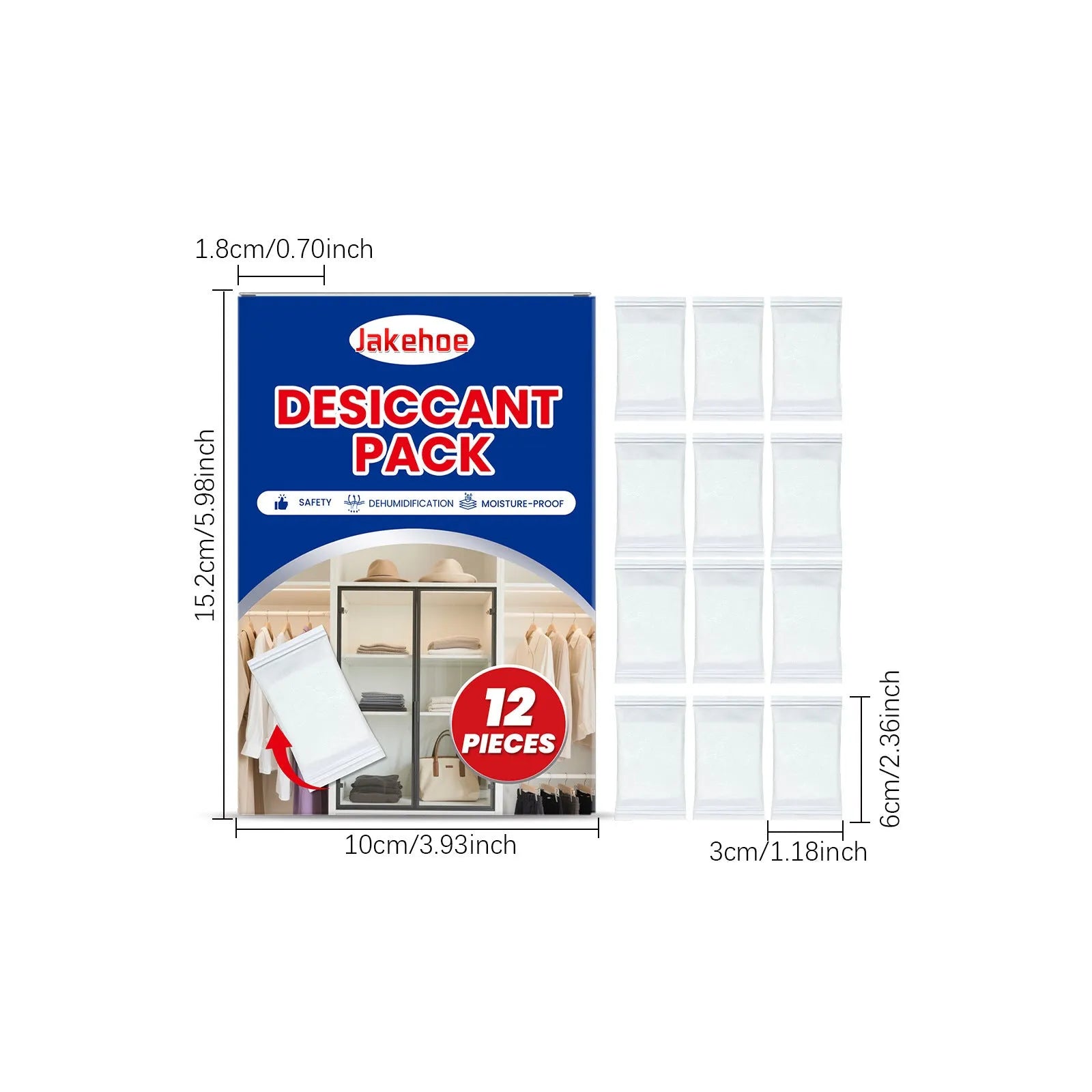 Pack of 12 white calcium chloride desiccant units for household moisture and odour control.