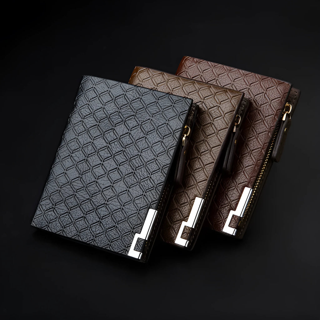 Men's embossed PU leather short business wallet with plaid pattern, 12x9.5x1.5cm, horizontal black colour