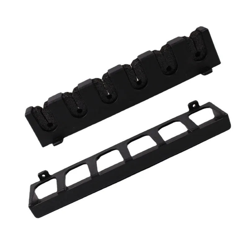 Black ABS plastic wall-mounted fishing rod holder showing upright and horizontal mounting options