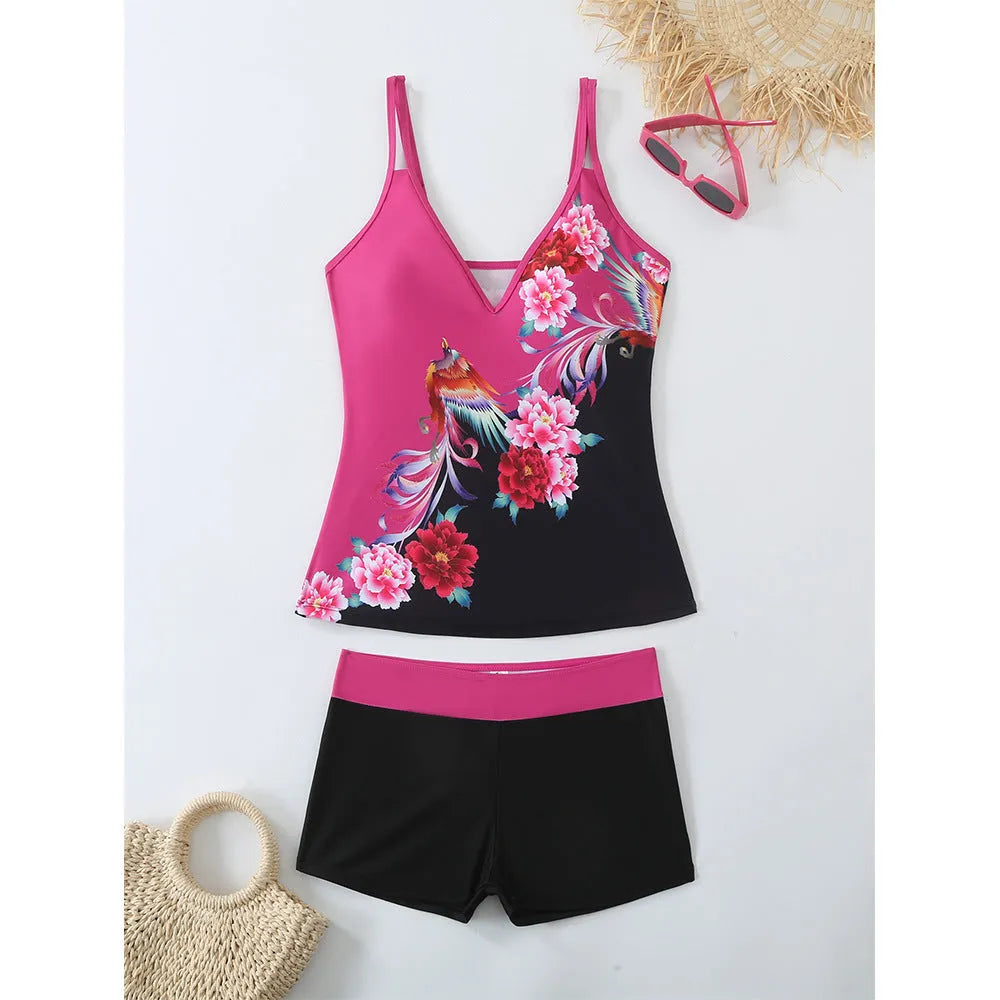 Plus size black and rose red two-piece swimsuit set with briefs and swimming trunks.