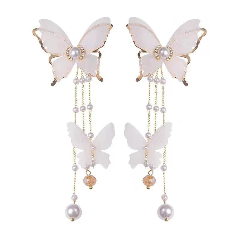 White butterfly tassel earrings with lace pearls and rhinestones on copper alloy