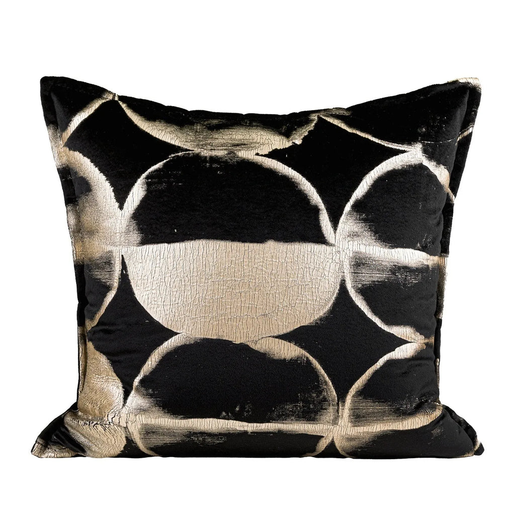 Black gold abstract pattern decorative flannel cushion with removable cover in three sizes.