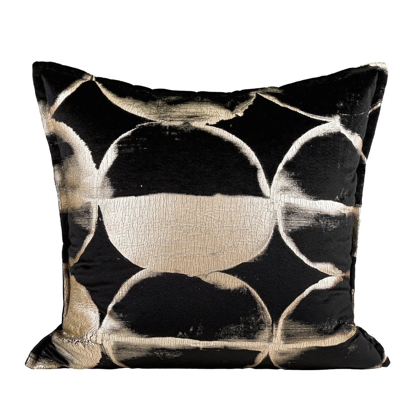 Black gold abstract pattern decorative flannel cushion with removable cover in three sizes.