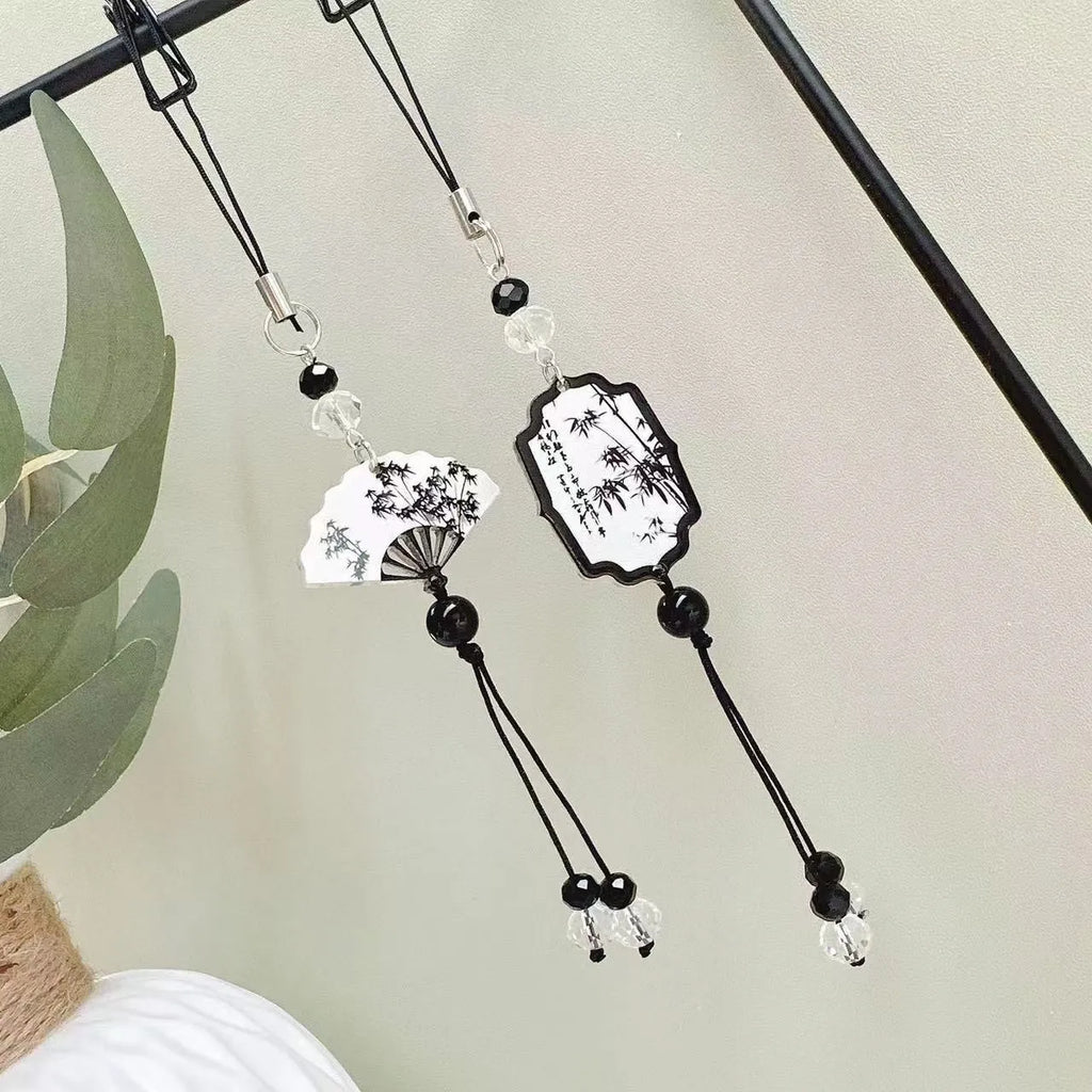 Guofeng floral pattern ceramic bead pendant keychain with Chinese style design.