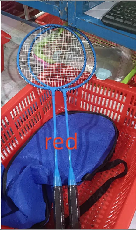 Pair of blue and red ultra-light alloy badminton rackets on a court