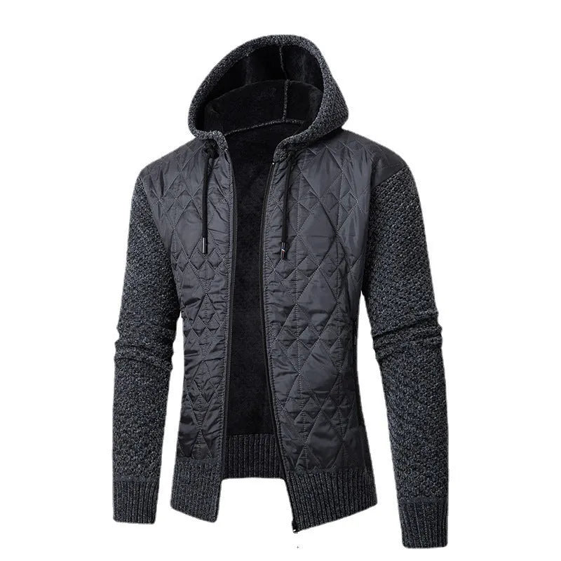 Men's grey wool corduroy hooded sweater coat with cinched waist shown on adult male model