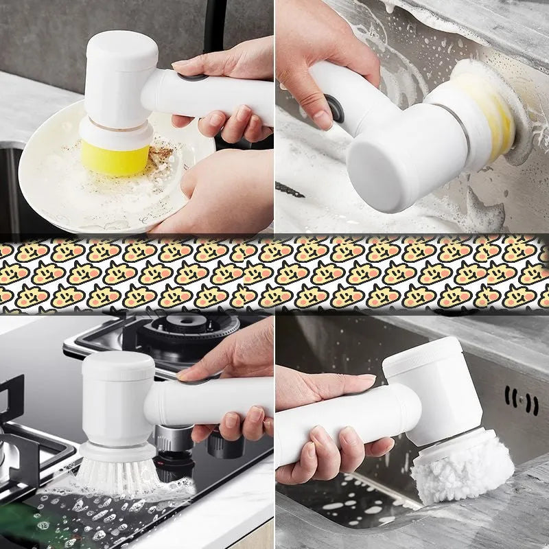 Rechargeable electric kitchen scrubber with nylon brush head and lambskin flannel cover on a ceramic hob
