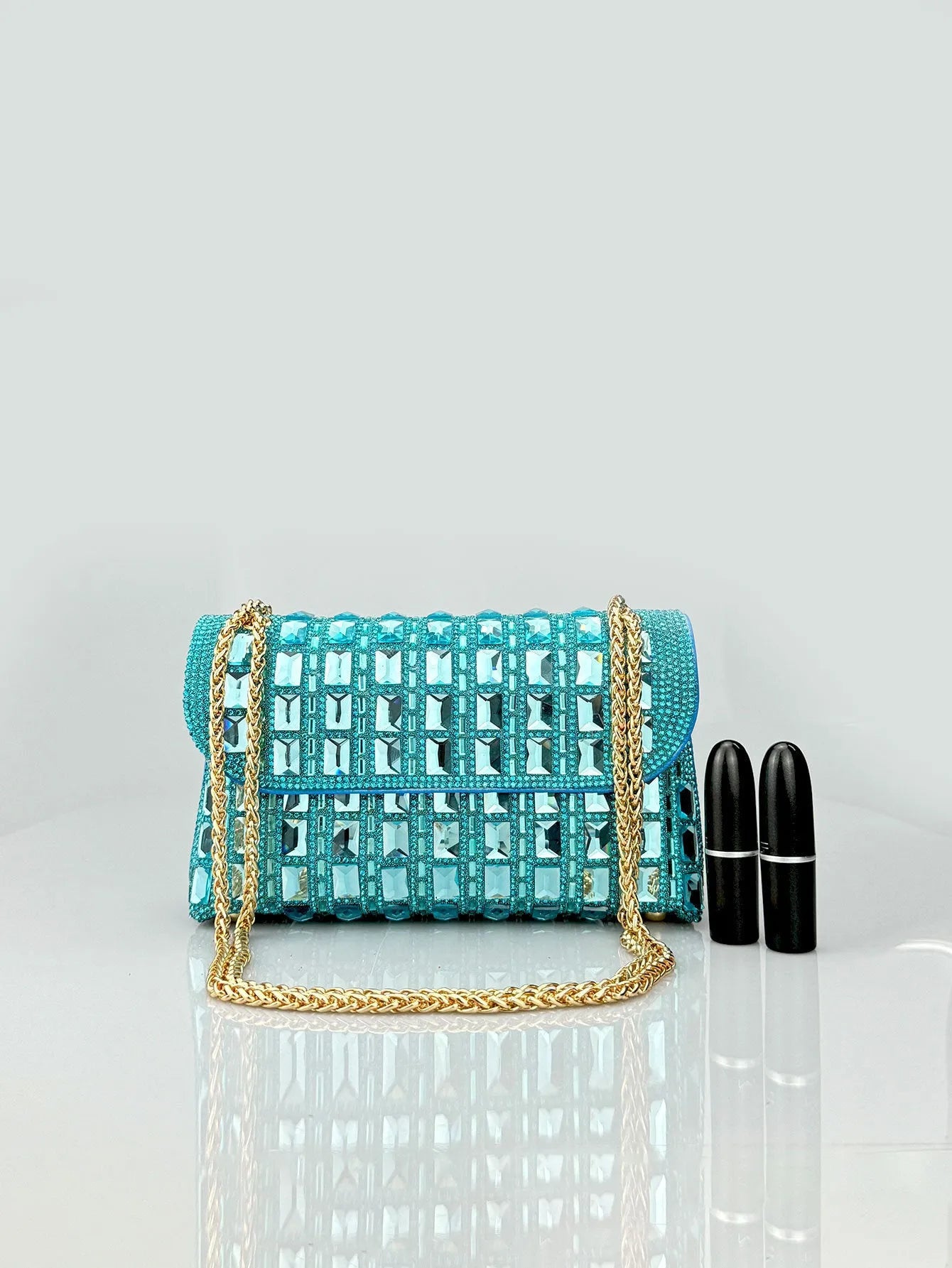 Shiny glass rhinestone diamond chain clutch handbag in horizontal square shape with chain strap, available in multiple colours