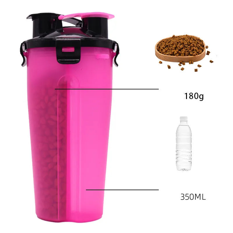 Portable 2-in-1 pet water cup in black, showing separate water and food compartments, PP material, 23cm x 11cm
