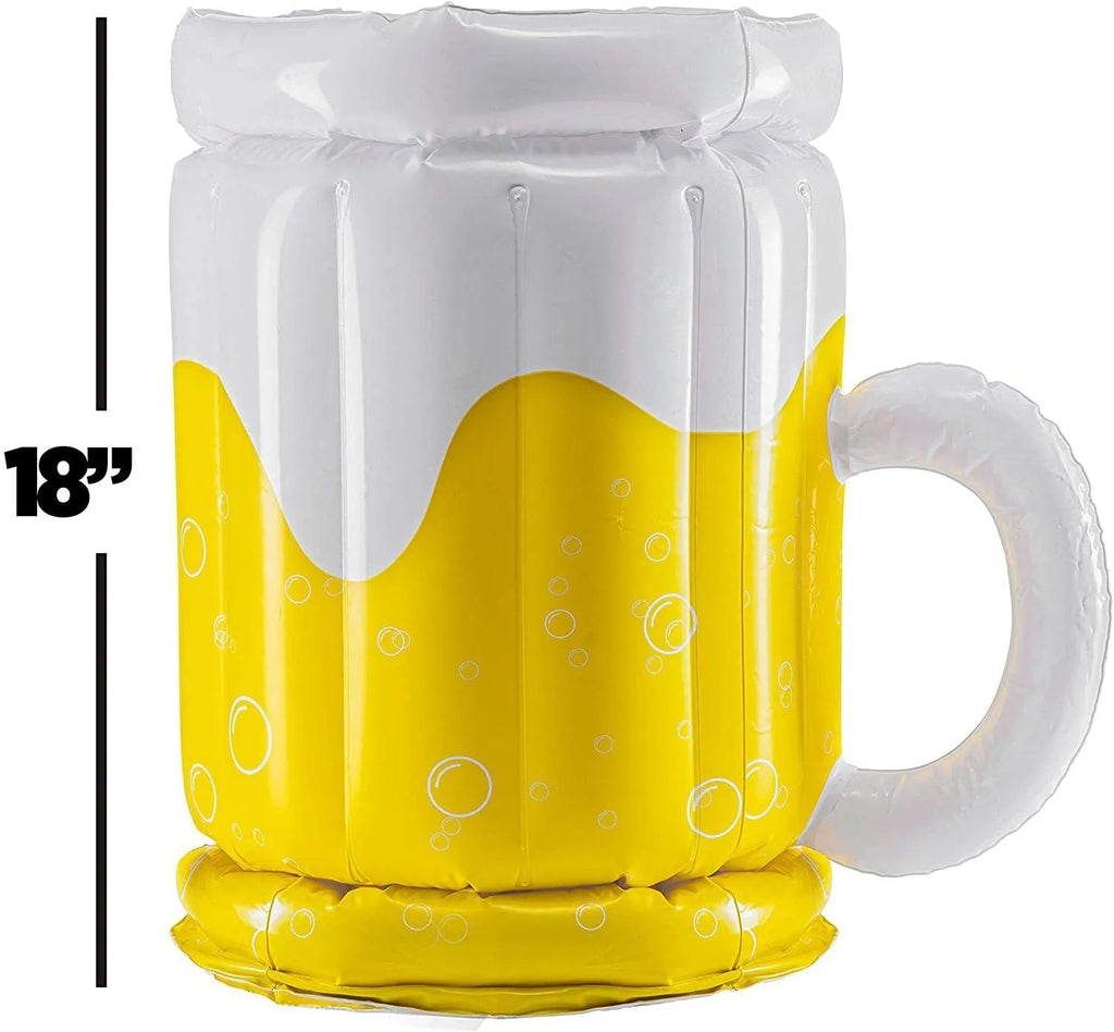 Large yellow inflatable beer mug cooler float holding drinks in a swimming pool