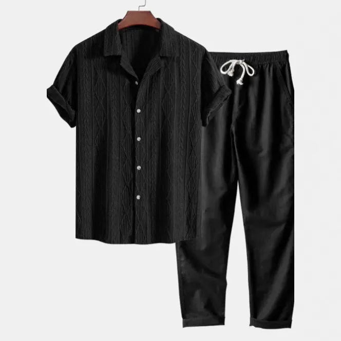 Men's slim fit camouflage print short-sleeved shirt and trousers two-piece casual suit